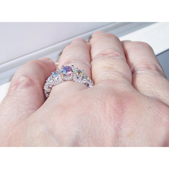 925 STERLING SILVER Simulated Mercury Mystic CZ Ring Round Cut - Picture 6 of 16